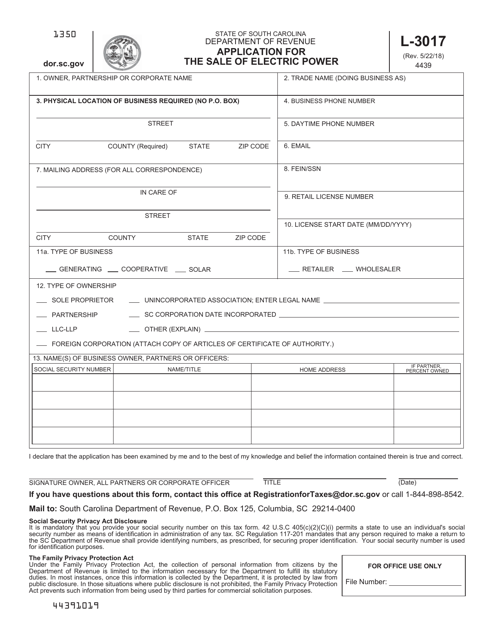Form L-3017 Application for the Sale of Electric Power - South Carolina