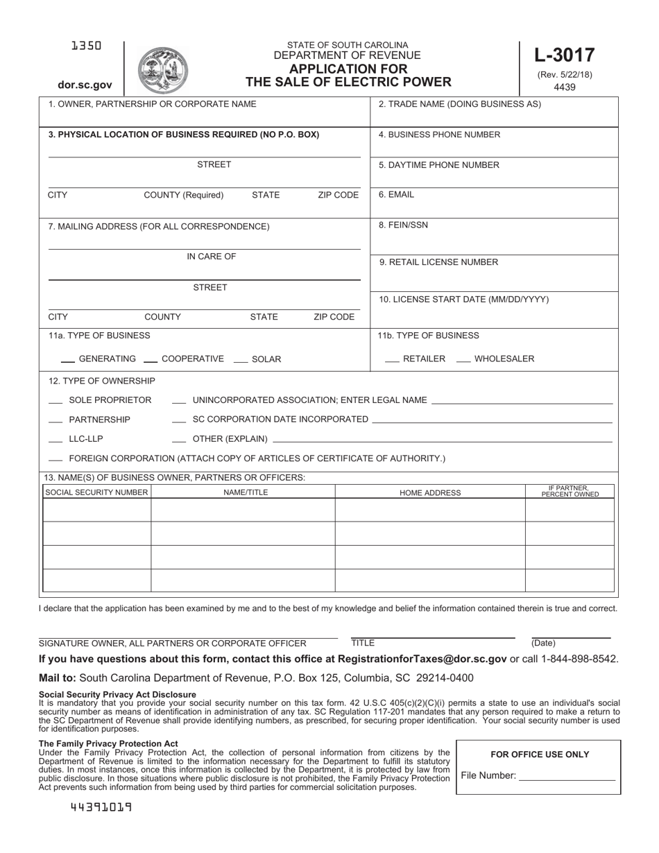Form L-3017 Application for the Sale of Electric Power - South Carolina, Page 1