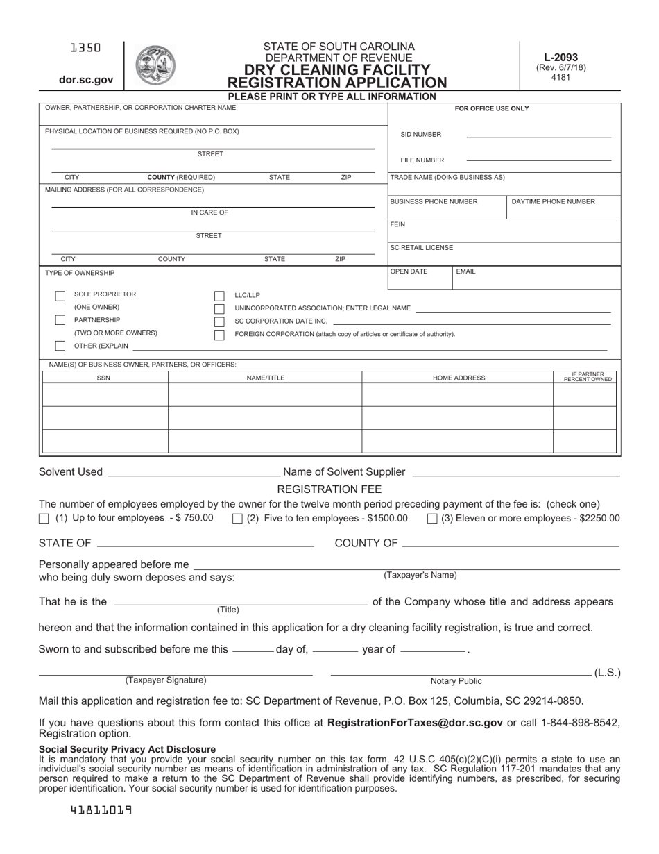 Form L-2093 Dry Cleaning Facility Registration Application - South Carolina, Page 1