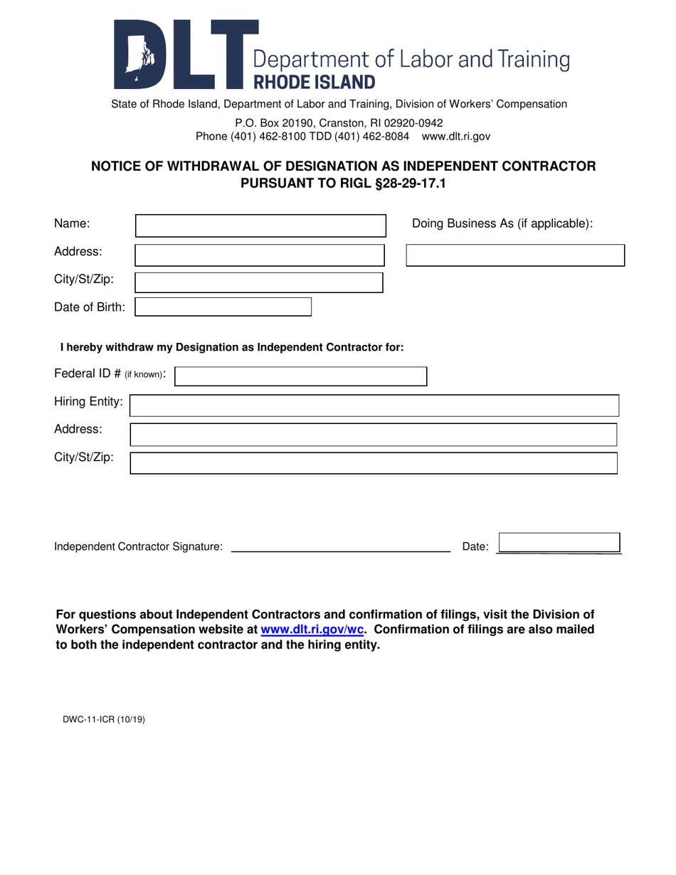 Form DWC-11-ICR Notice of Withdrawal of Designation as Independent Contractor Pursuant to Rigl 28-29-17.1 - Rhode Island, Page 1
