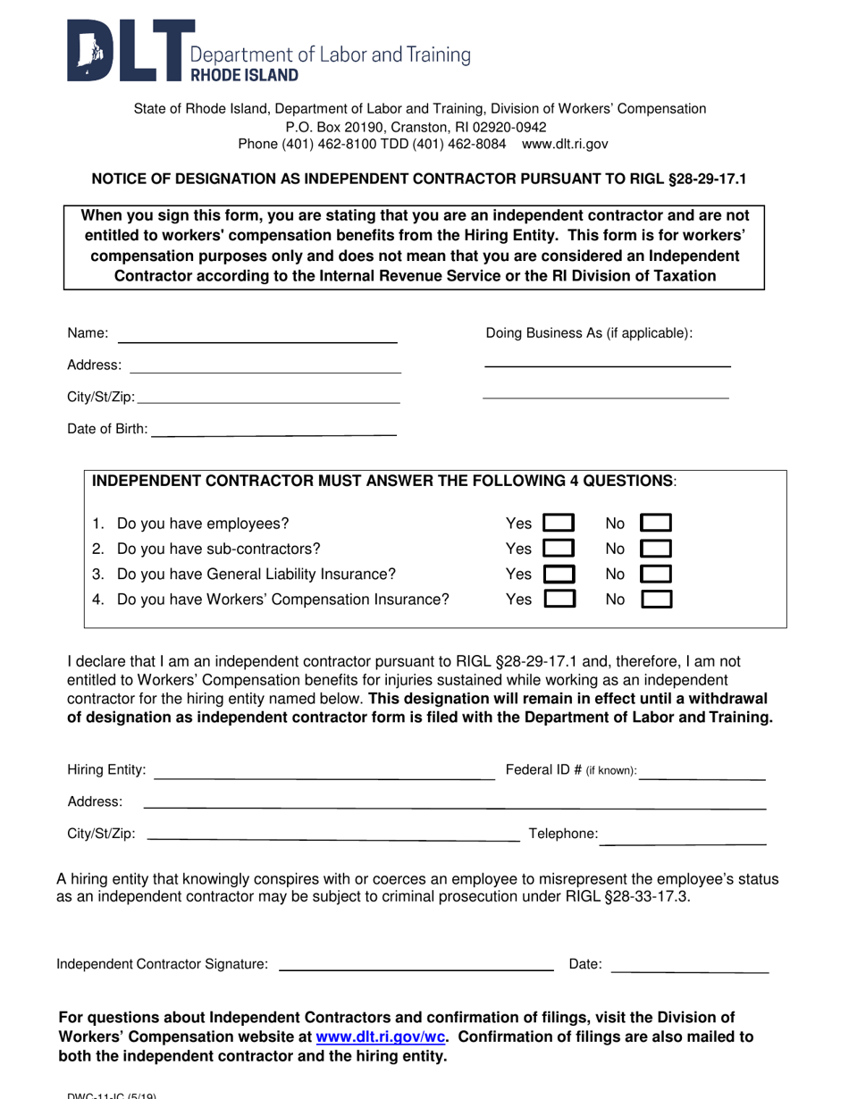 Form DWC-11-IC Notice of Designation as Independent Contractor Pursuant to Rigl 28-29-17.1 - Rhode Island, Page 1