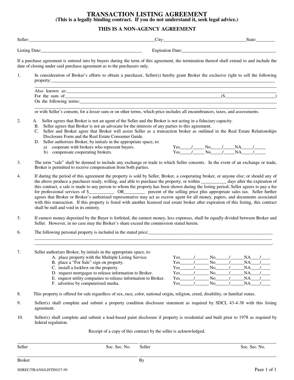 Transaction Listing Agreement - South Dakota, Page 1