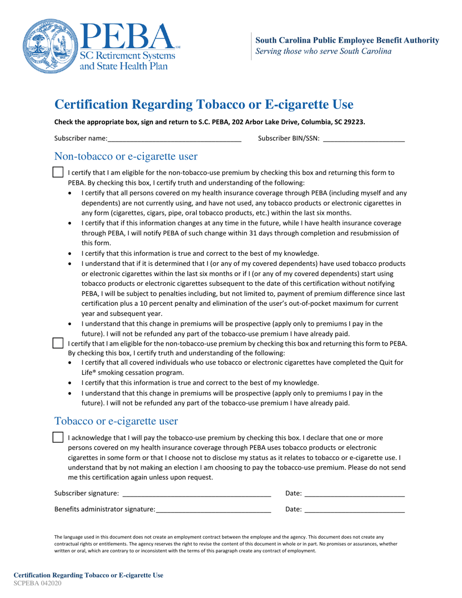 Certification Regarding Tobacco or E-Cigarette Use - South Carolina, Page 1