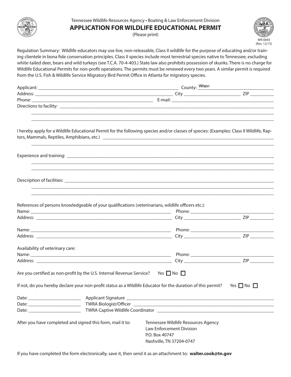 Form WR-0693 Application for Wildlife Educational Permit - Tennessee, Page 1