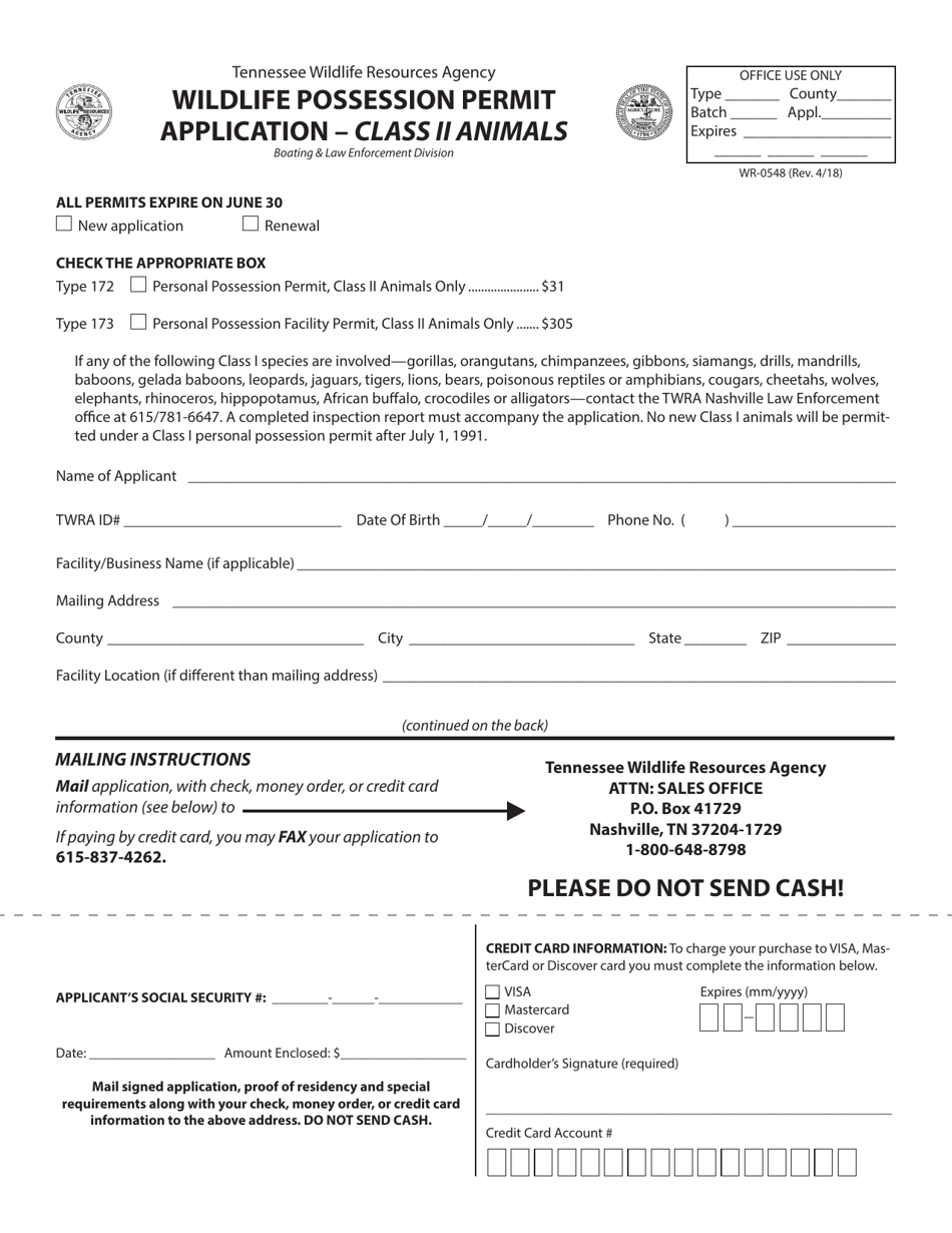 Form WR-0548 Wildlife Possession Permit Application - Class II Animals - Tennessee, Page 1
