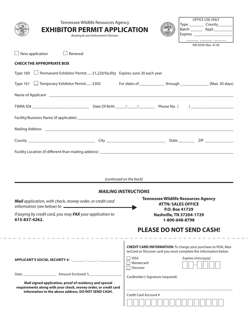 Form WR-0549 Exhibitor Permit Application - Tennessee, Page 1