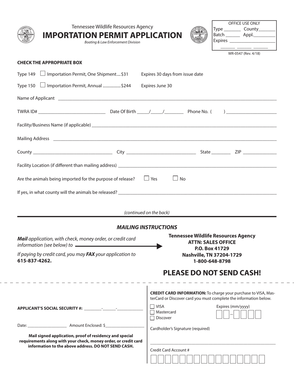 Form WR-0547 Importation Permit Application - Tennessee, Page 1