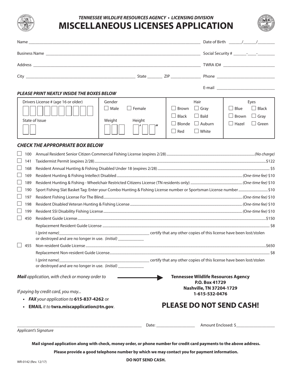 Form WR-0142 Miscellaneous Licenses Application - Tennessee, Page 1