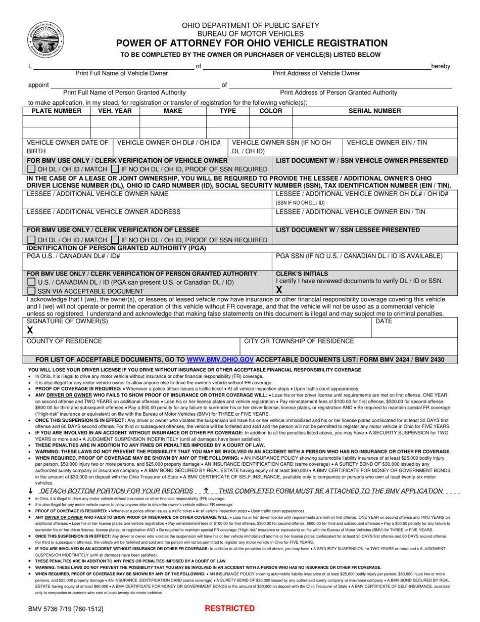 Form BMV5736 Power of Attorney for Ohio Vehicle Registration - Ohio, Page 1