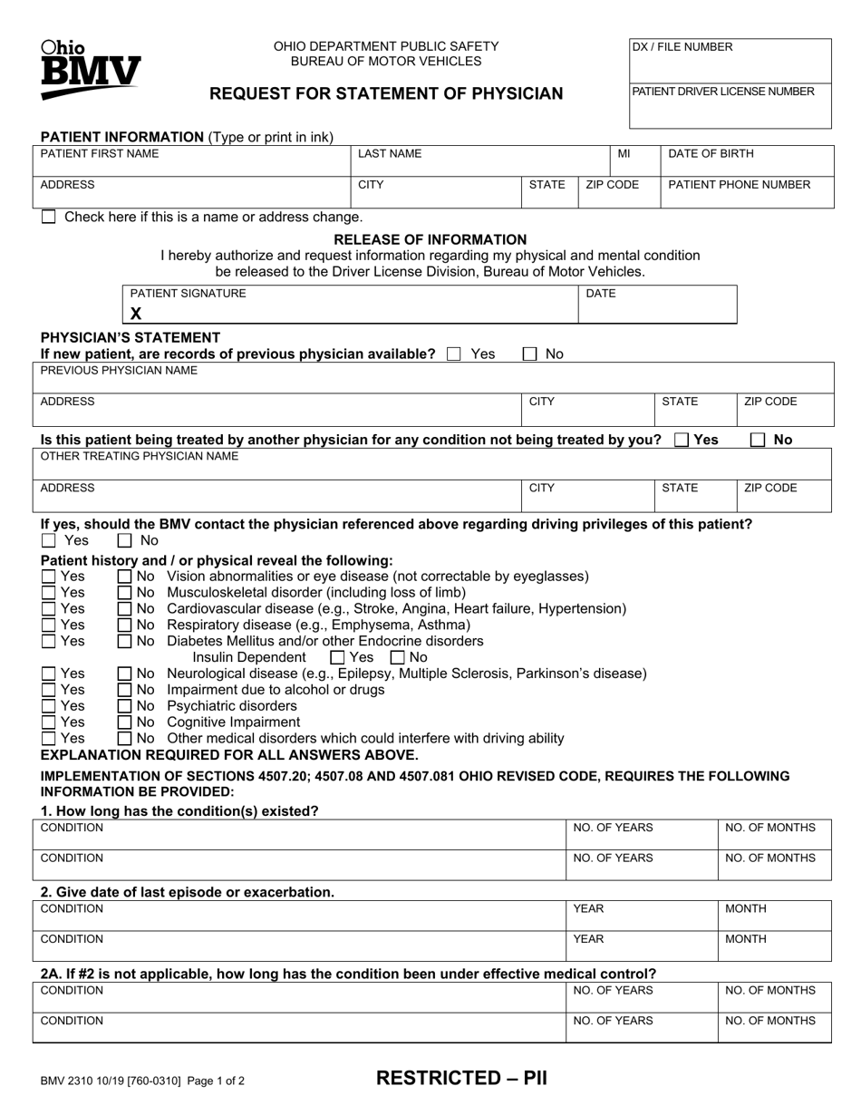 Form BMV2310 Request for Statement of Physician - Ohio, Page 1