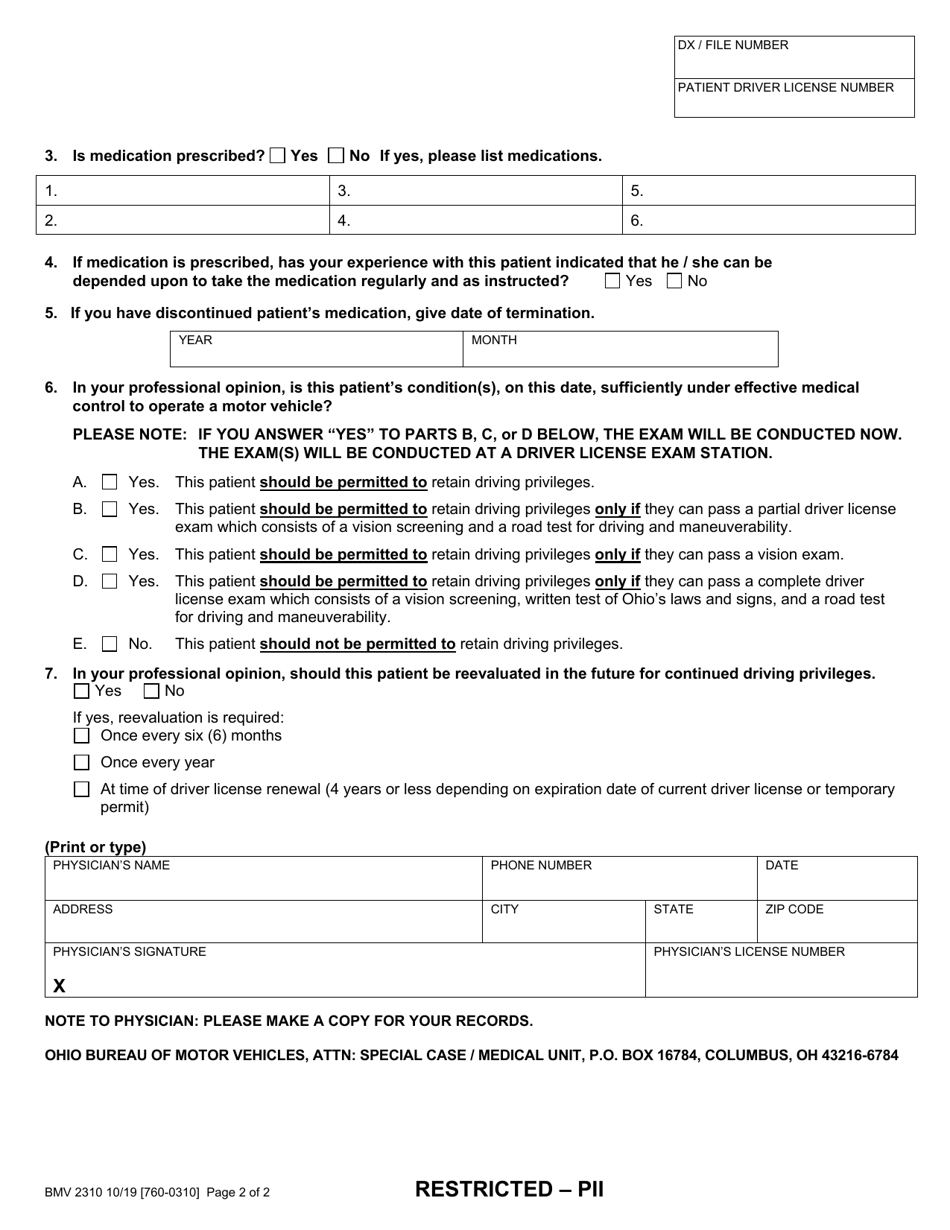 Form BMV2310 Request for Statement of Physician - Ohio, Page 2