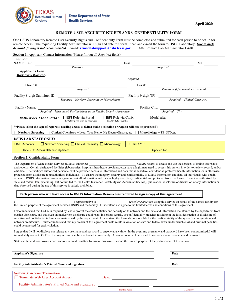 Remote User Security Rights and Confidentiality Form - Texas, Page 1
