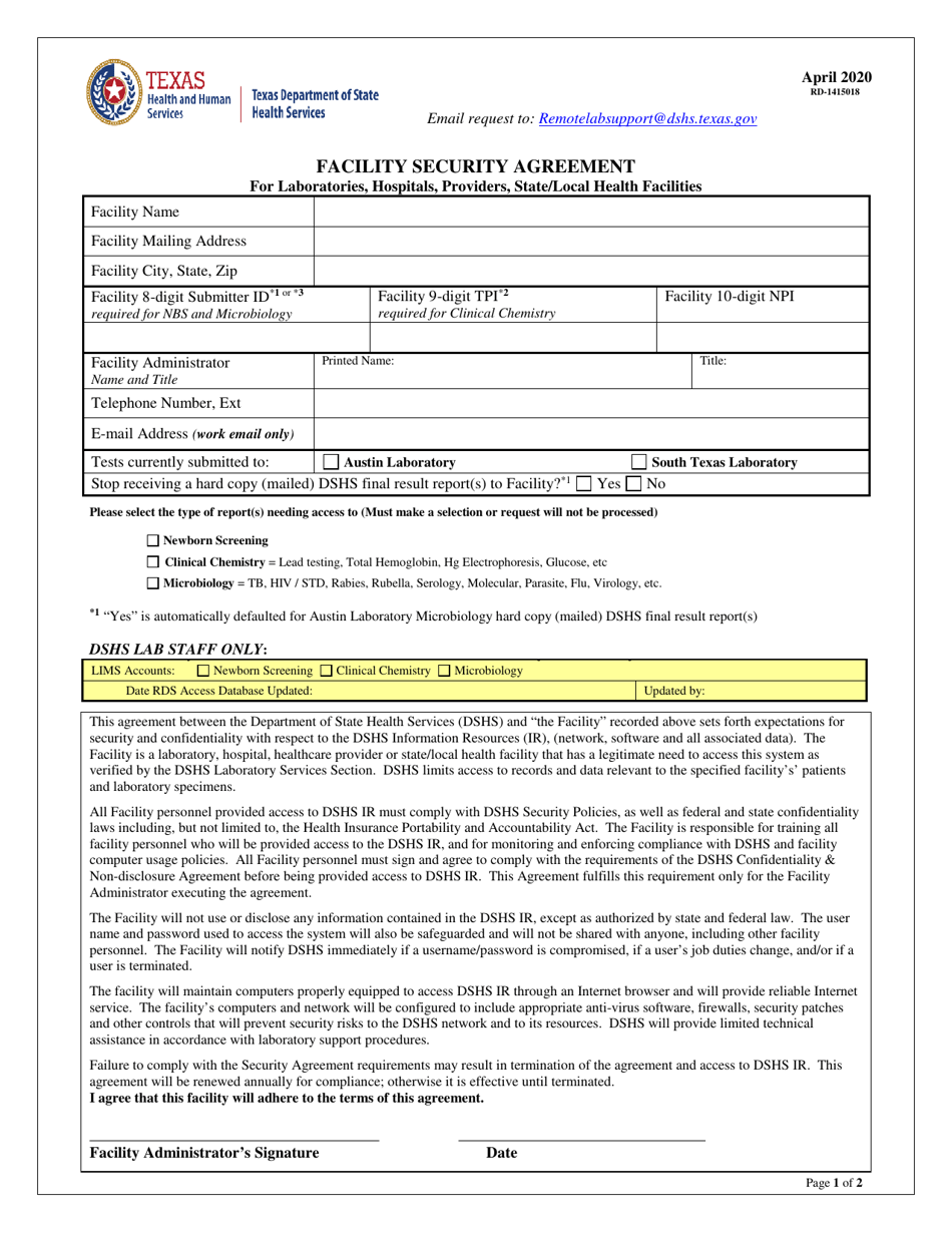 Facility Security Agreement for Laboratories, Hospitals, Providers, State / Local Health Facilities - Texas, Page 1