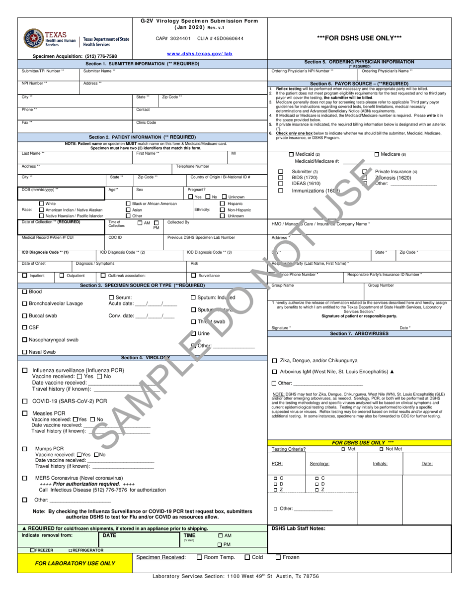 Form G-2V Virology Specimen Submission Form - Texas, Page 1