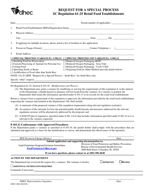 DHEC Form 1845  Printable Pdf