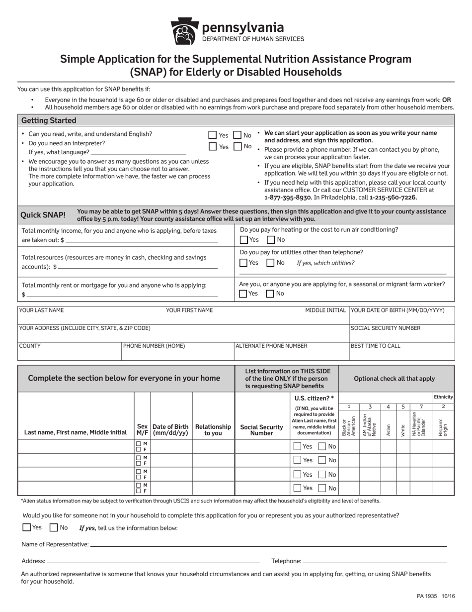 Form PA1935 Simple Application for the Supplemental Nutrition Assistance Program (Snap) for Elderly or Disabled Households - Pennsylvania, Page 1