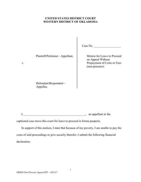 Motion for Leave to Proceed on Appeal Without Prepayment of Costs or Fees (Non-prisoner) - Oklahoma Download Pdf