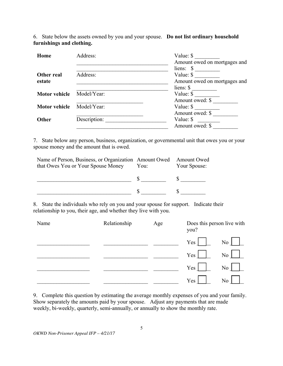 Motion for Leave to Proceed on Appeal Without Prepayment of Costs or Fees (Non-prisoner) - Oklahoma, Page 5