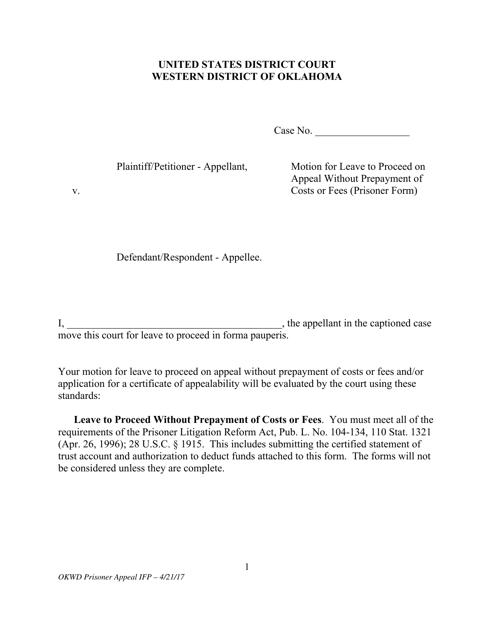 Motion for Leave to Proceed on Appeal Without Prepayment of Costs or Fees (Prisoner Form) - Oklahoma Download Pdf
