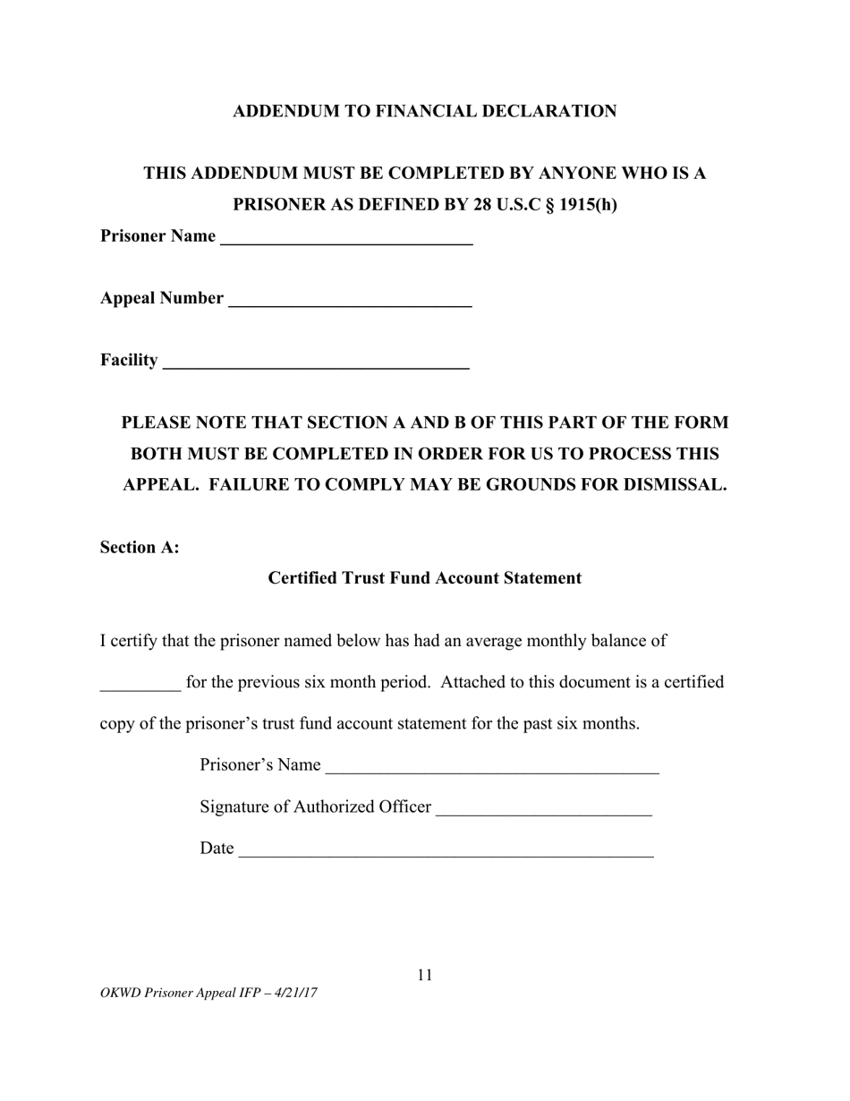 Motion for Leave to Proceed on Appeal Without Prepayment of Costs or Fees (Prisoner Form) - Oklahoma, Page 11