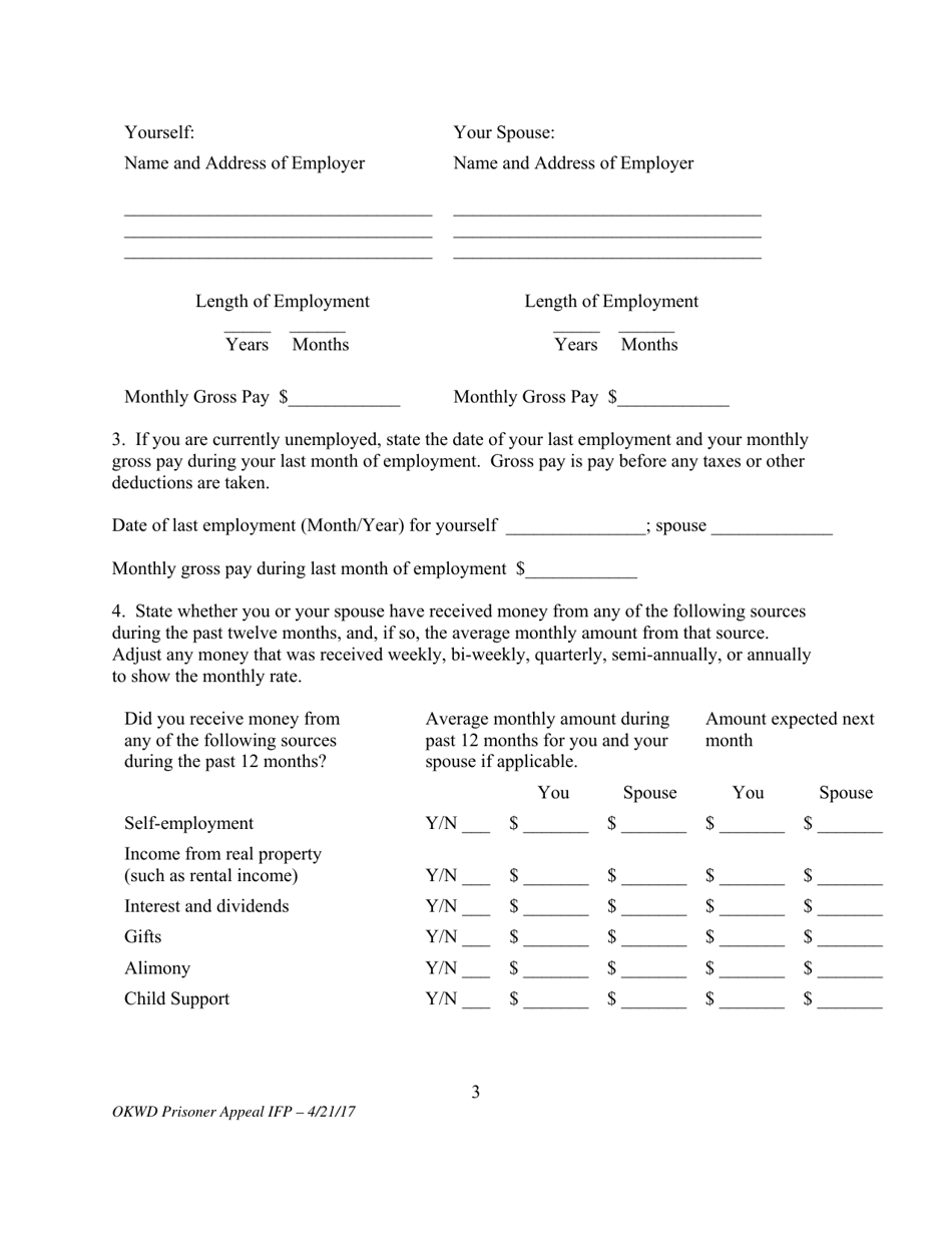 Motion for Leave to Proceed on Appeal Without Prepayment of Costs or Fees (Prisoner Form) - Oklahoma, Page 3