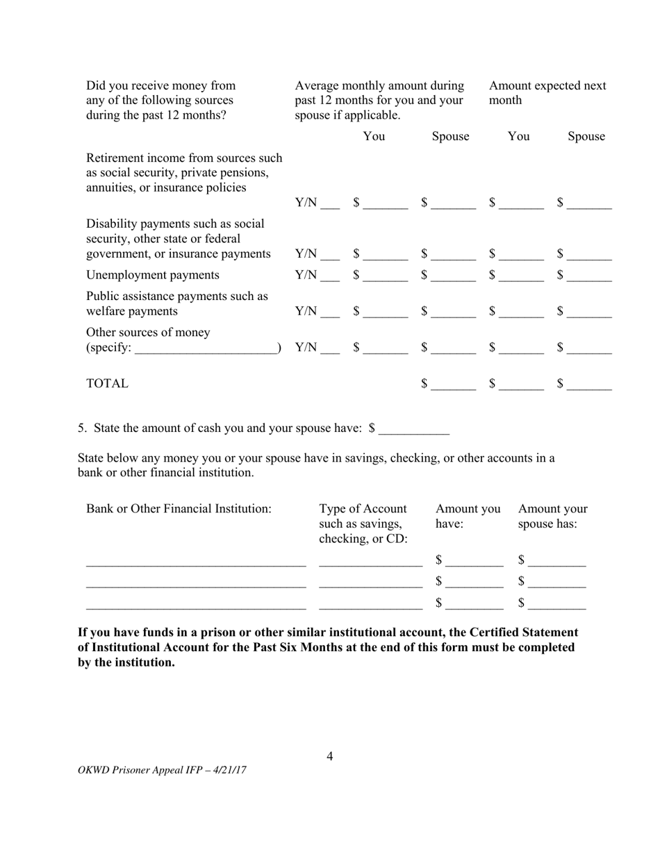 Motion for Leave to Proceed on Appeal Without Prepayment of Costs or Fees (Prisoner Form) - Oklahoma, Page 4