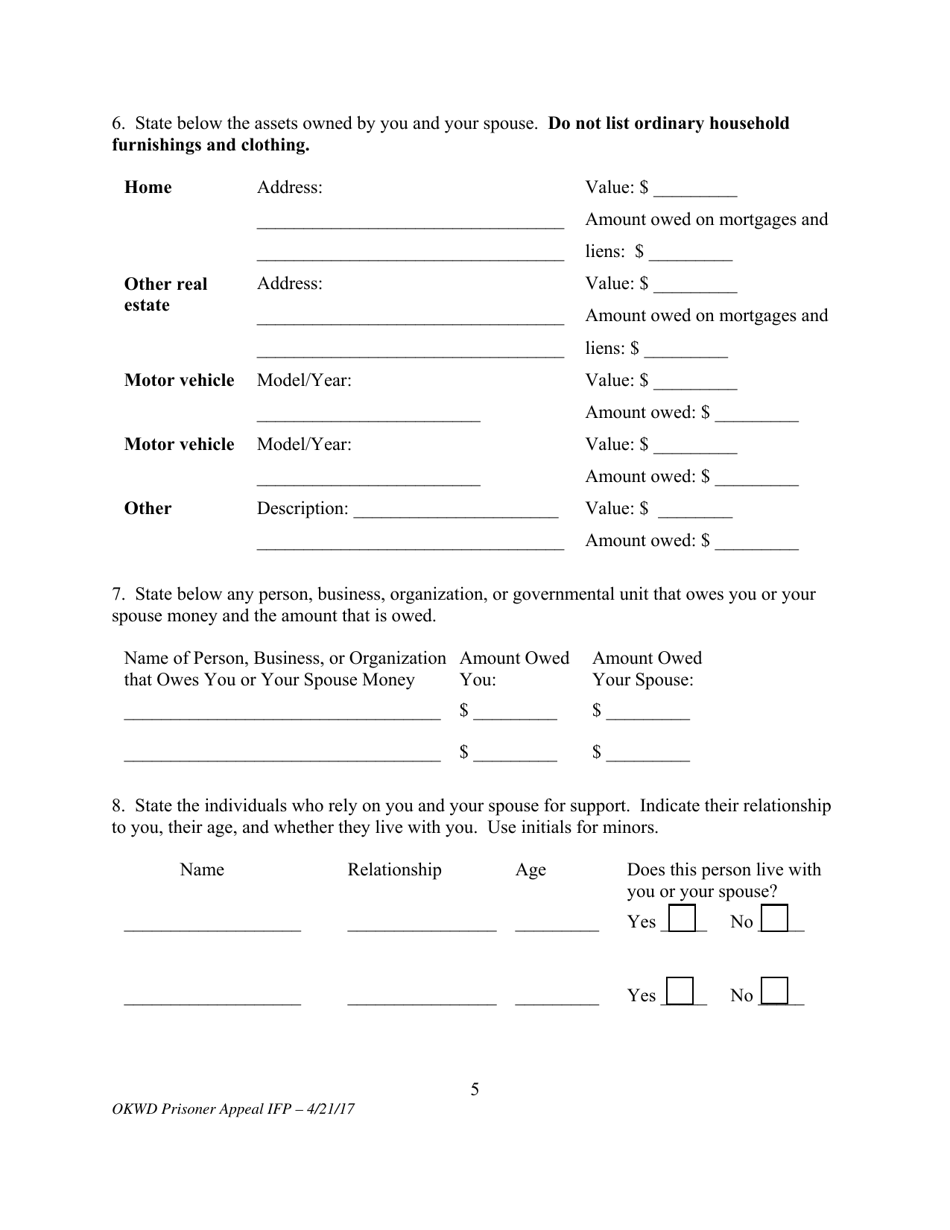 Motion for Leave to Proceed on Appeal Without Prepayment of Costs or Fees (Prisoner Form) - Oklahoma, Page 5