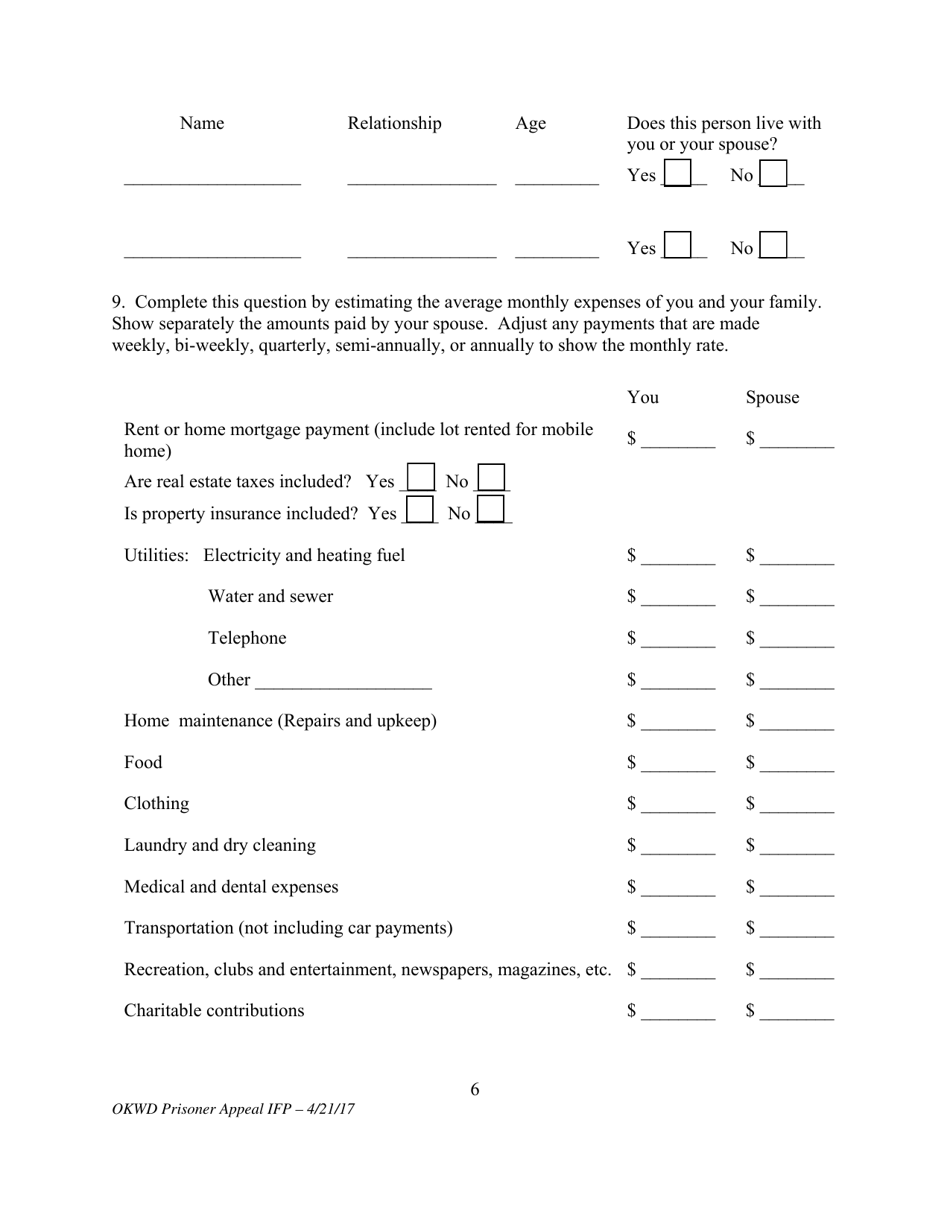 Motion for Leave to Proceed on Appeal Without Prepayment of Costs or Fees (Prisoner Form) - Oklahoma, Page 6