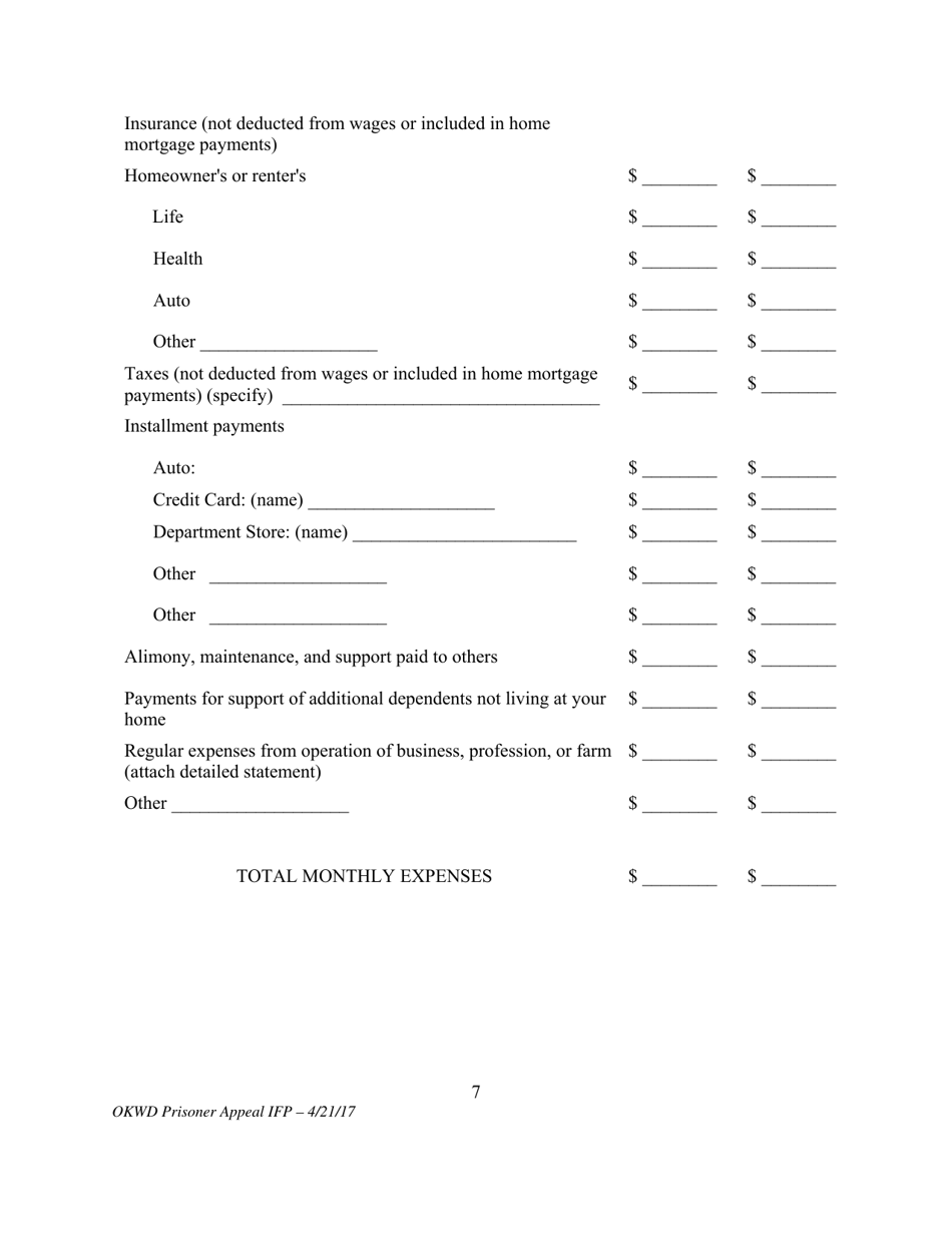 Motion for Leave to Proceed on Appeal Without Prepayment of Costs or Fees (Prisoner Form) - Oklahoma, Page 7