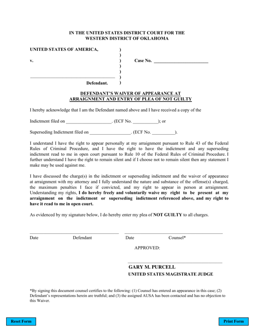 Defendant's Waiver of Appearance at Arraignment and Entry of Plea of Not Guilty - Oklahoma Download Pdf