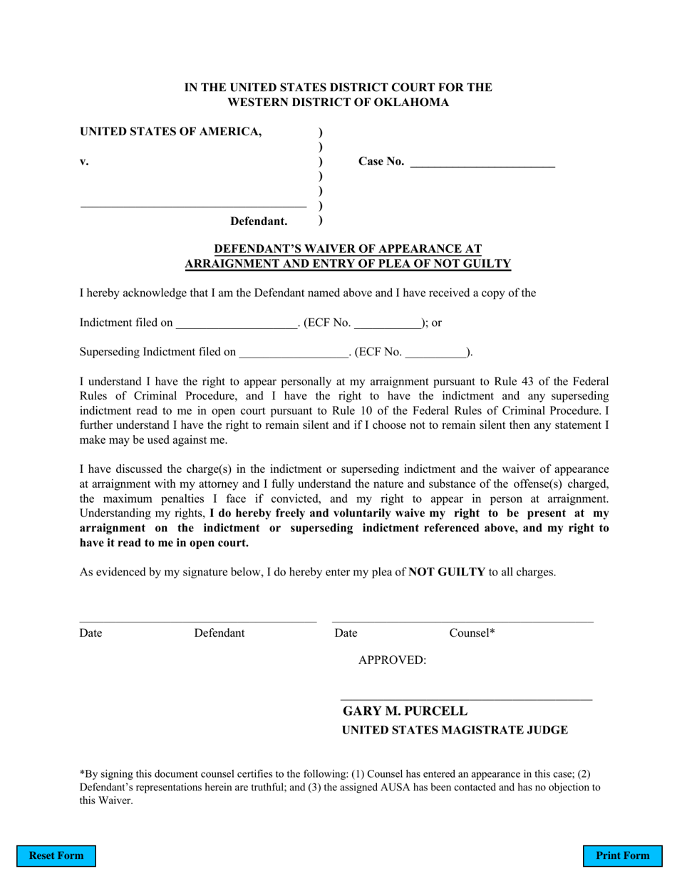Defendant's Waiver of Appearance at Arraignment and Entry of Plea of Not Guilty - Oklahoma, Page 1