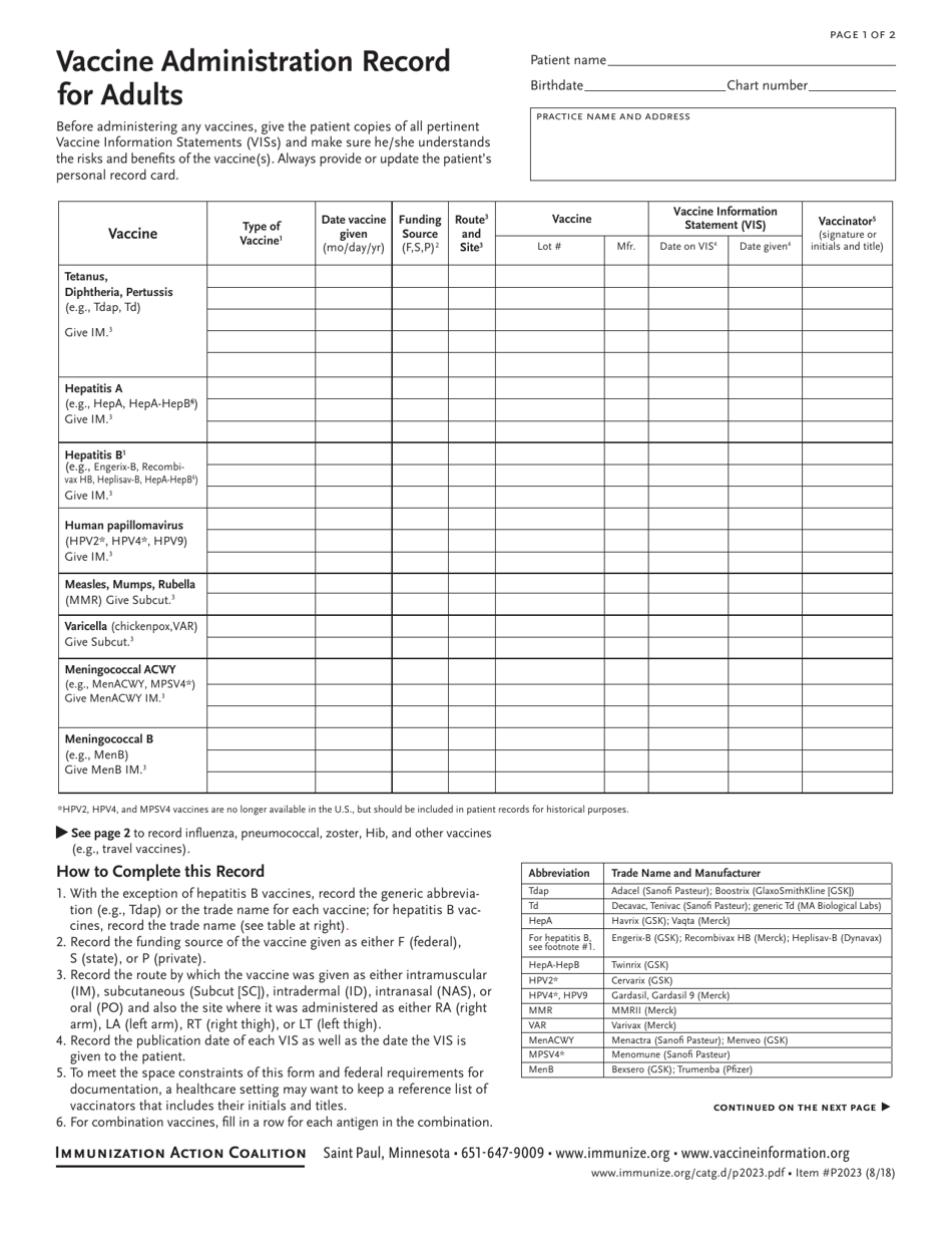 Form P2023 Vaccine Administration Record for Adults, Page 1