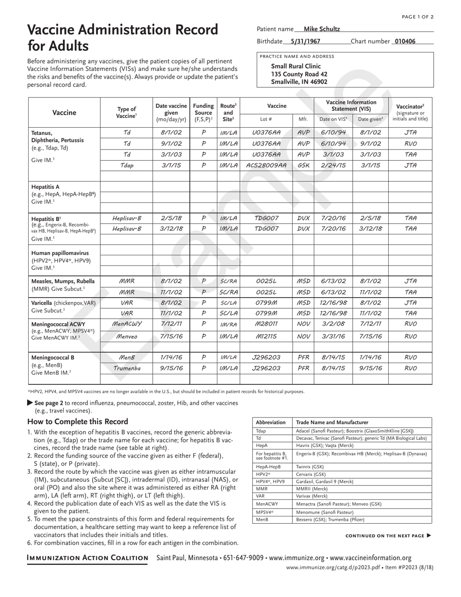 Form P2023 Vaccine Administration Record for Adults, Page 3