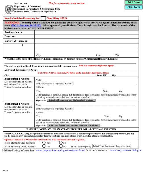 Business Trust Certificate of Registration - Utah Download Pdf
