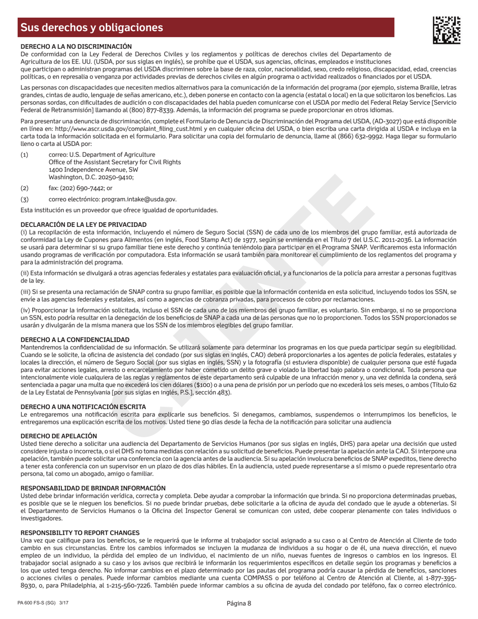 Formulario PA600 FS-S (SG) Solicitud Para El Programa Suplementario De Asistencia Nutricional (Snap) De Pennsylvania - Pennsylvania (Spanish), Page 10