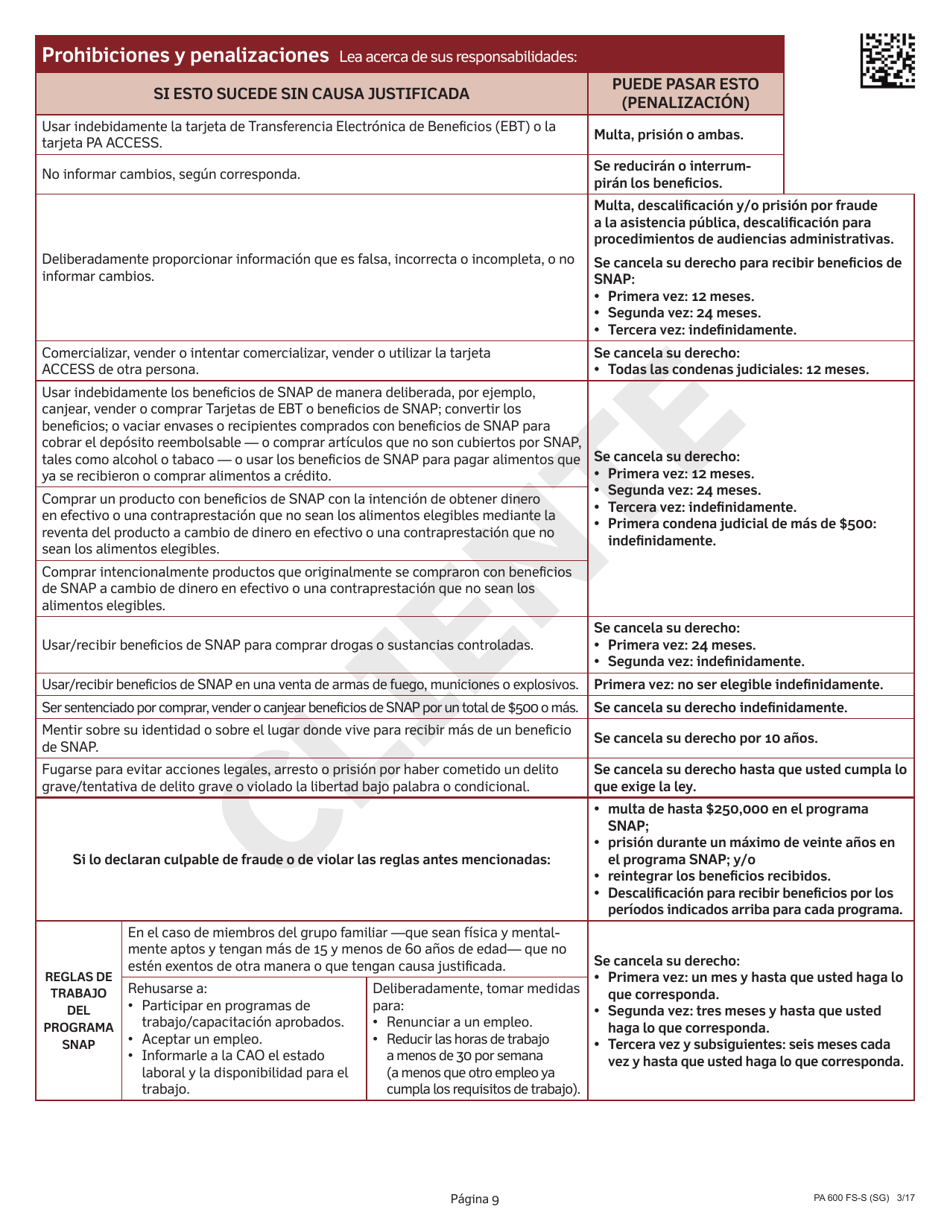 Formulario PA600 FS-S (SG) Solicitud Para El Programa Suplementario De Asistencia Nutricional (Snap) De Pennsylvania - Pennsylvania (Spanish), Page 11