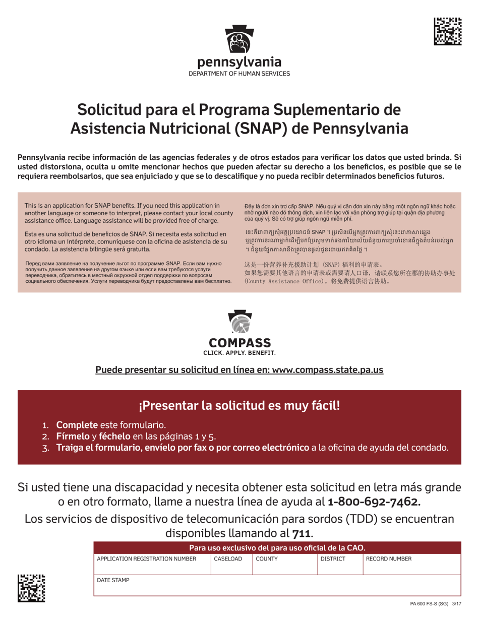 Formulario PA600 FS-S (SG) Solicitud Para El Programa Suplementario De Asistencia Nutricional (Snap) De Pennsylvania - Pennsylvania (Spanish), Page 1