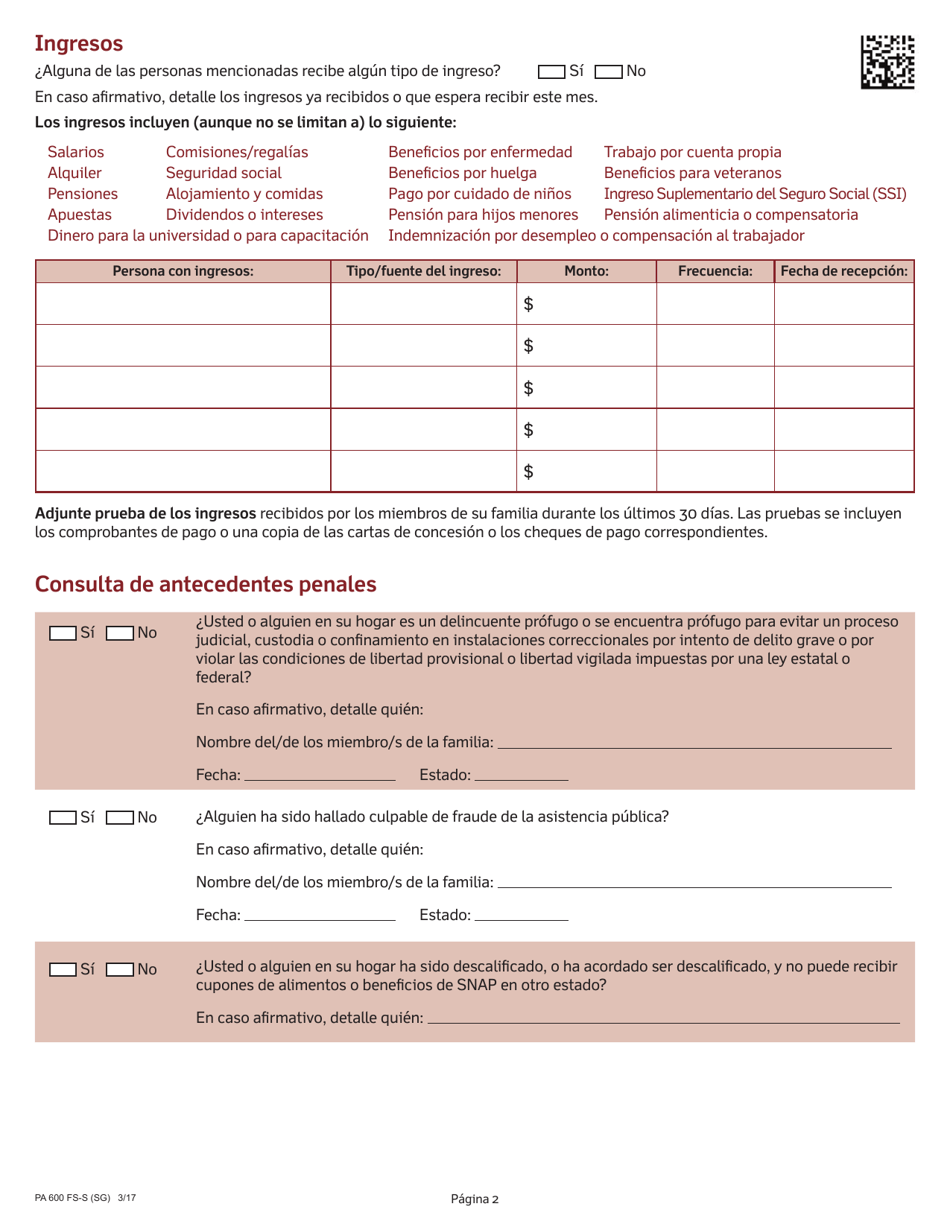 Formulario PA600 FS-S (SG) Solicitud Para El Programa Suplementario De Asistencia Nutricional (Snap) De Pennsylvania - Pennsylvania (Spanish), Page 4