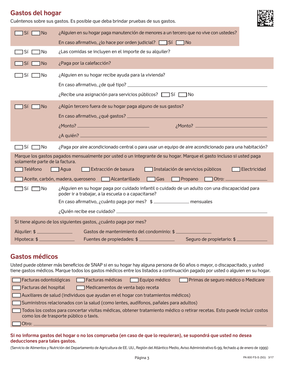 Formulario PA600 FS-S (SG) Solicitud Para El Programa Suplementario De Asistencia Nutricional (Snap) De Pennsylvania - Pennsylvania (Spanish), Page 5