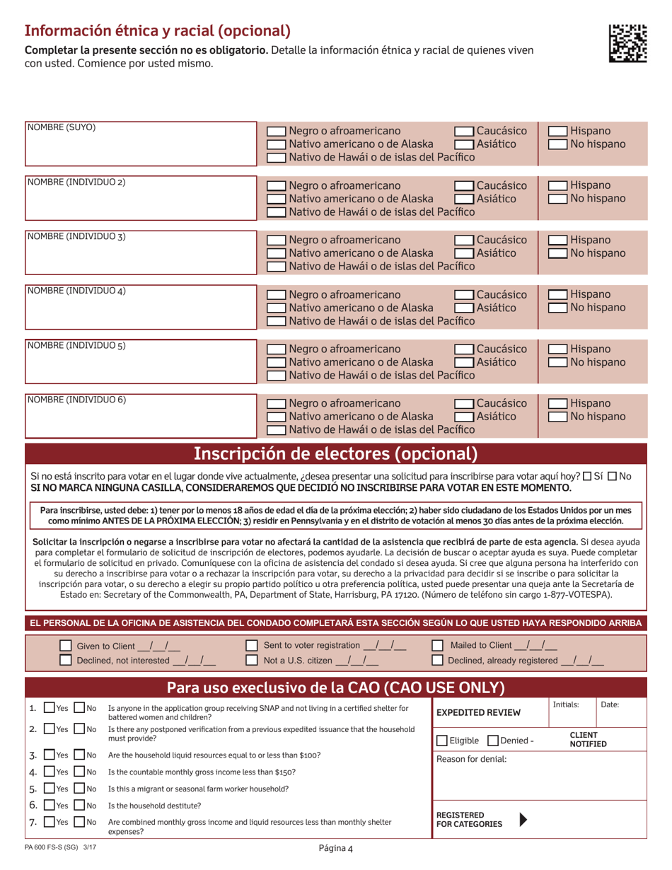 Formulario PA600 FS-S (SG) Solicitud Para El Programa Suplementario De Asistencia Nutricional (Snap) De Pennsylvania - Pennsylvania (Spanish), Page 6