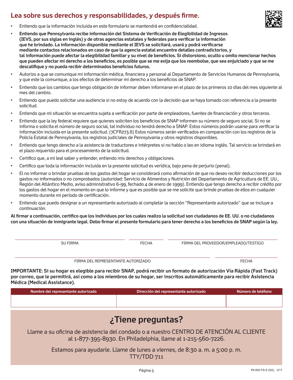 Formulario PA600 FS-S (SG) Solicitud Para El Programa Suplementario De Asistencia Nutricional (Snap) De Pennsylvania - Pennsylvania (Spanish), Page 7