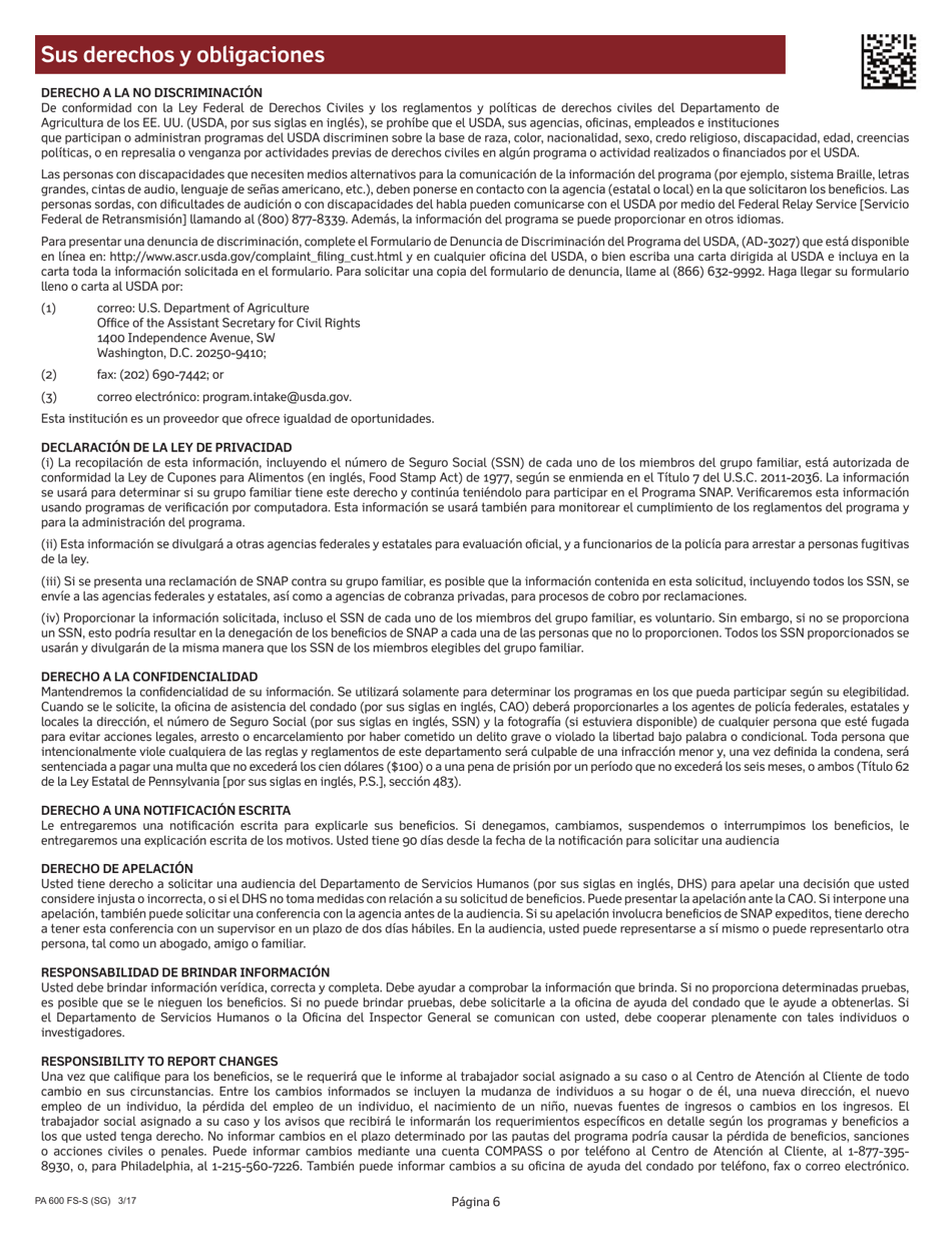 Formulario PA600 FS-S (SG) Solicitud Para El Programa Suplementario De Asistencia Nutricional (Snap) De Pennsylvania - Pennsylvania (Spanish), Page 8