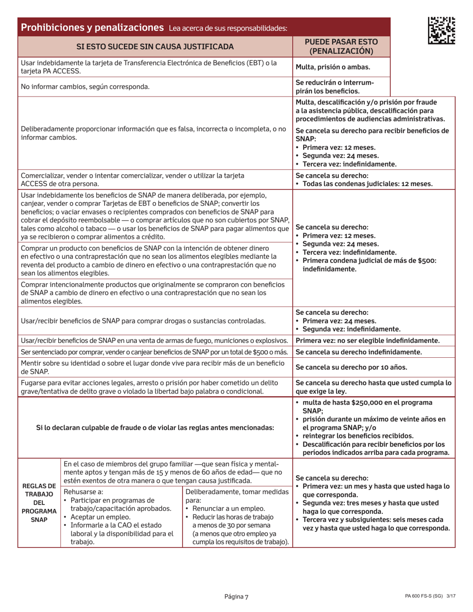 Formulario PA600 FS-S (SG) Solicitud Para El Programa Suplementario De Asistencia Nutricional (Snap) De Pennsylvania - Pennsylvania (Spanish), Page 9