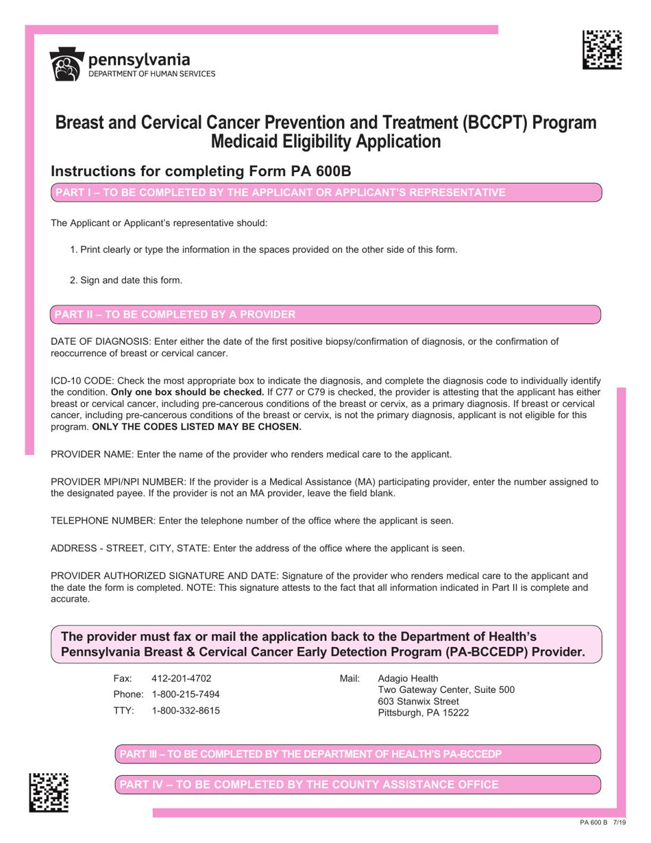 Form PA600 B Medicaid Eligibility Application - Breast and Cervical Cancer Prevention and Treatment (Bccpt) Program - Pennsylvania, Page 1