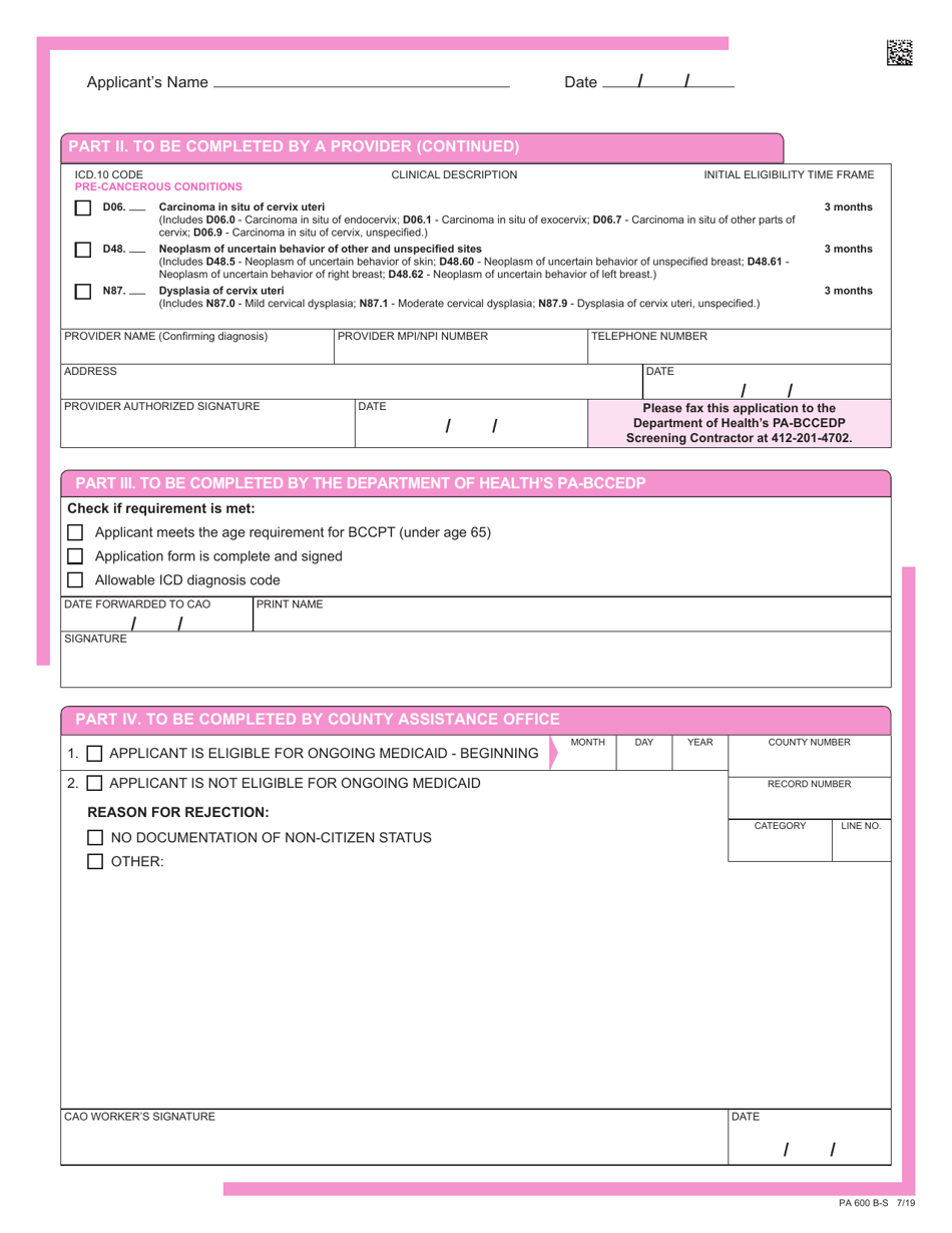 Formulario PA600 B-S Solicitud De Elegibilidad Para Medicaid - Programa De Tratamiento Y Prevencion Contra El Cancer De Mama Y De Cuello Uterino (Bccpt) - Pennsylvania (Spanish), Page 4