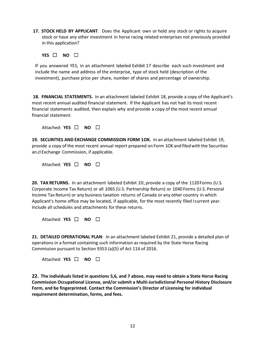 Secondary Pari-Mutuel Organization License Application - Pennsylvania, Page 12