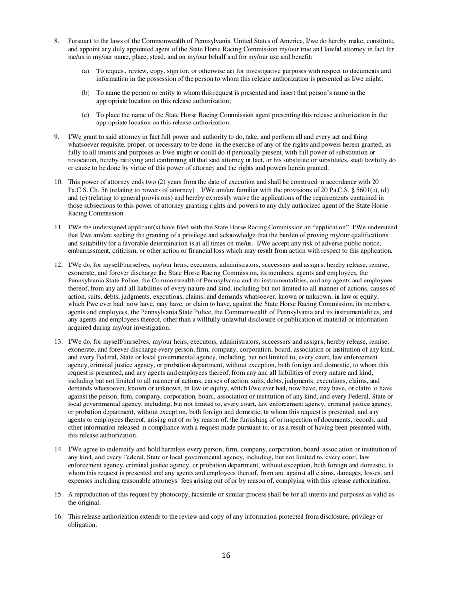 Secondary Pari-Mutuel Organization License Application - Pennsylvania, Page 16