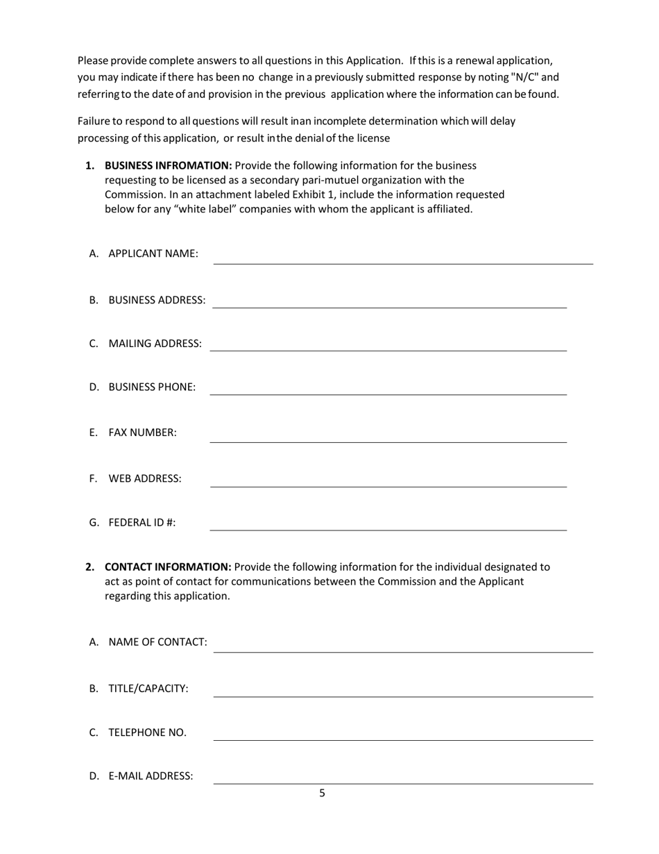 Secondary Pari-Mutuel Organization License Application - Pennsylvania, Page 5