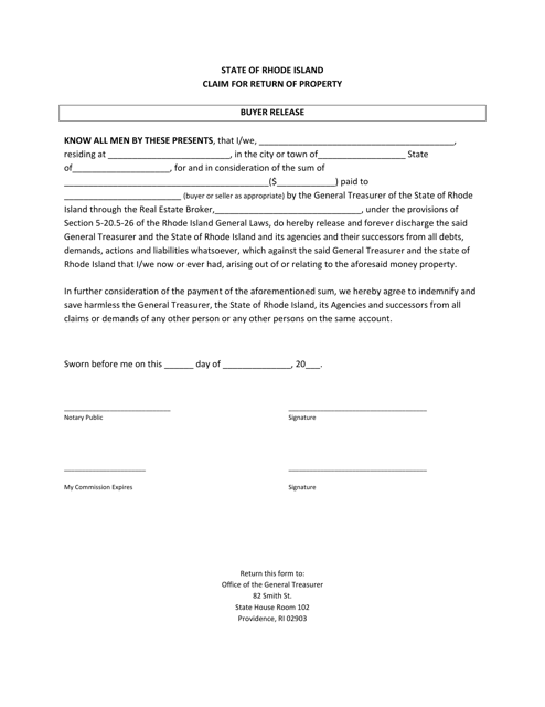 Claim for Return of Property - Buyer Release - Rhode Island