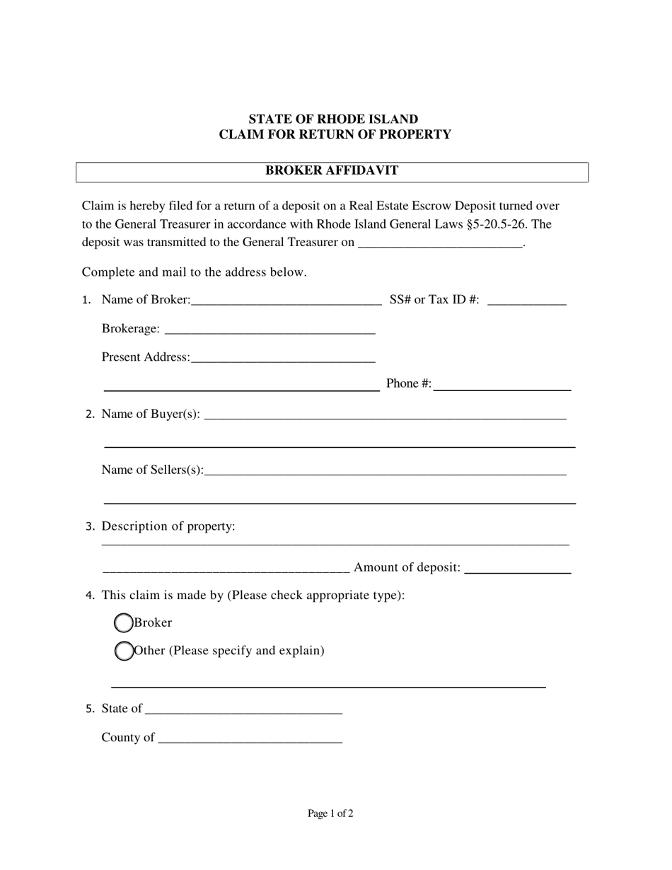 Rhode Island Claim for Return of Property Broker Affidavit Fill Out